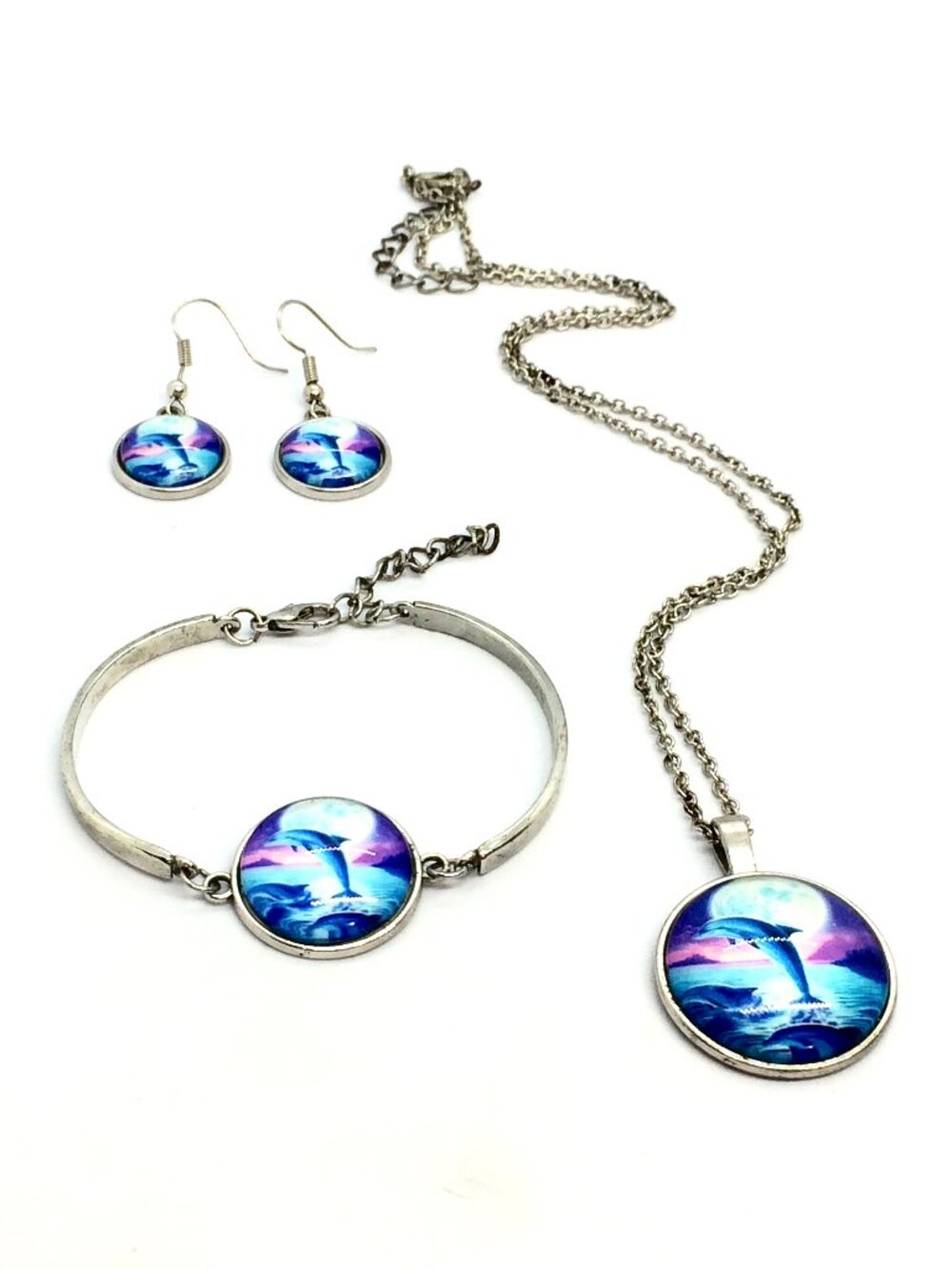 DOLPHIN JEWELRY SET Silver Tone Necklace Bracelet Earrings Ocean Glass Cabochon